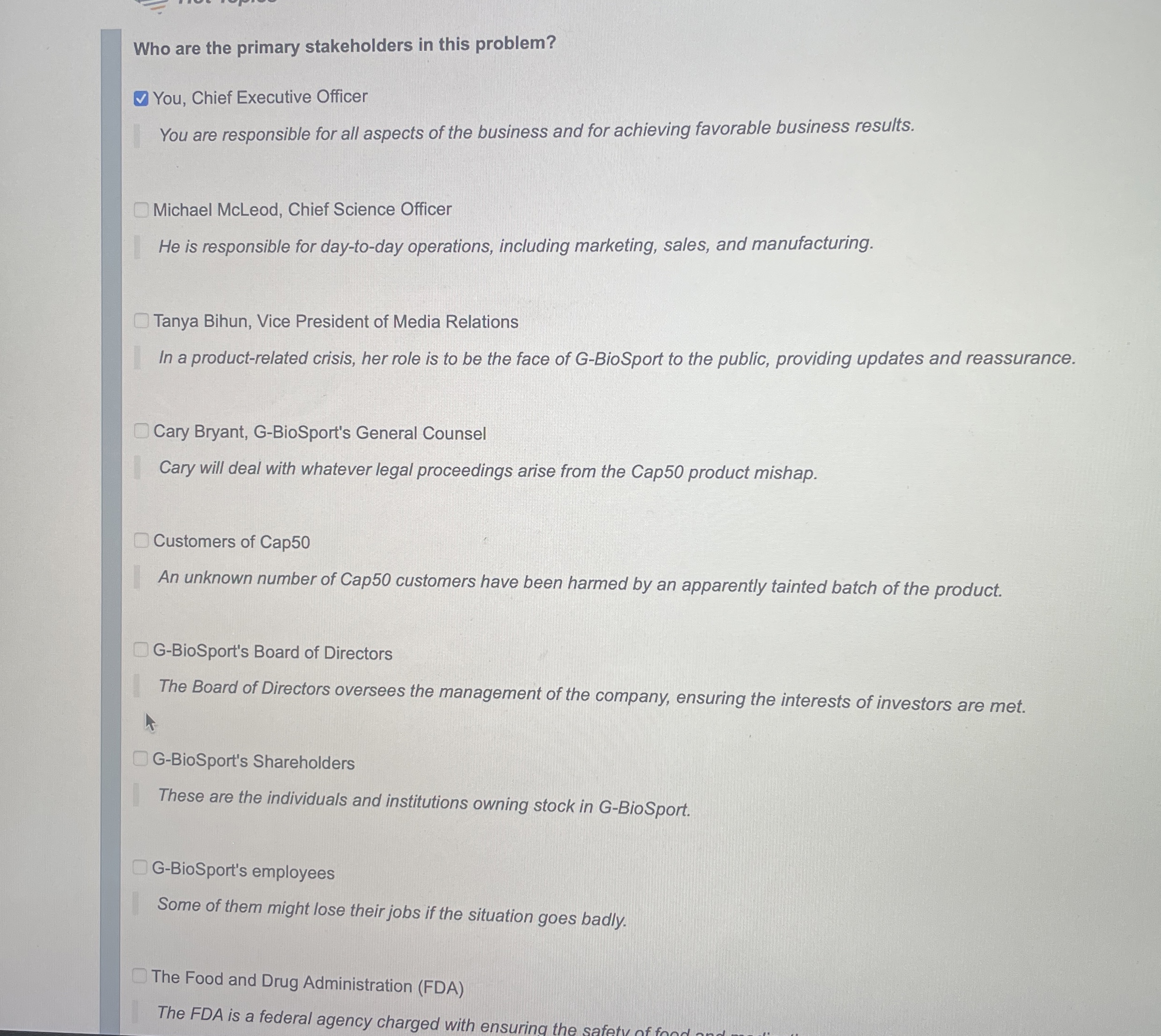  Who are the primary stakeholders in this problem? Exactly 6 stakeholders