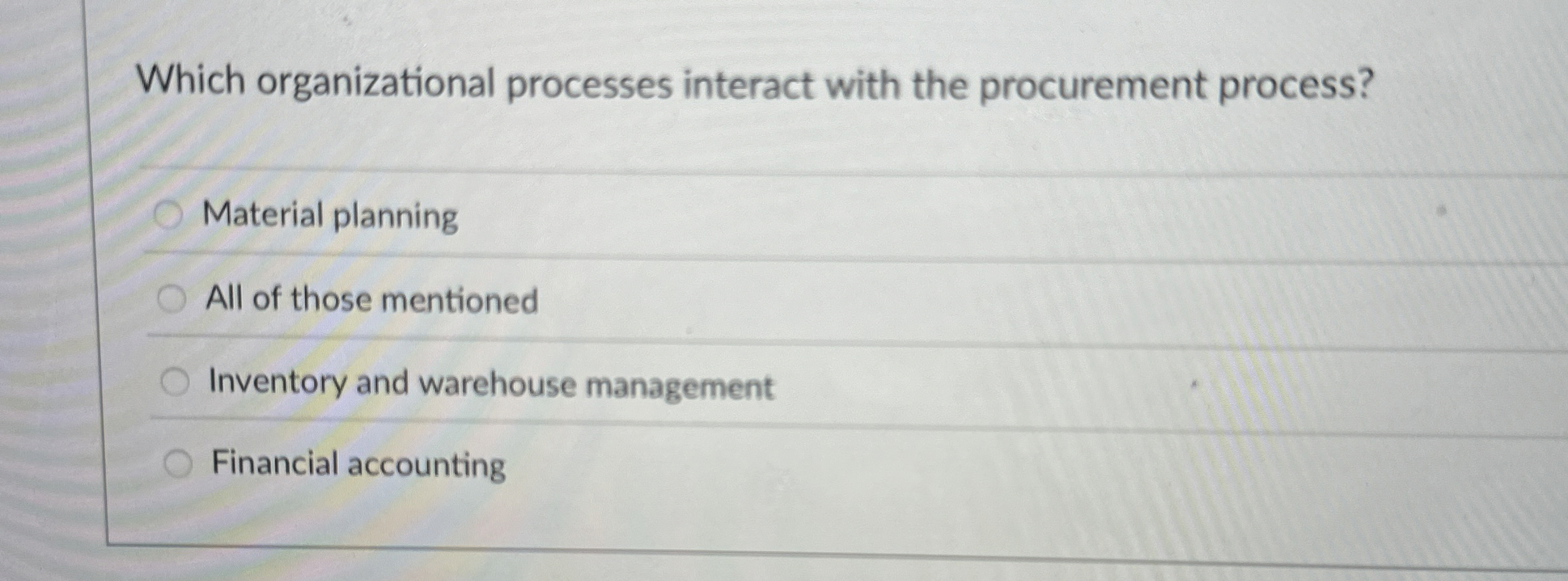  Which organizational processes interact with the procurement process? Material planning All