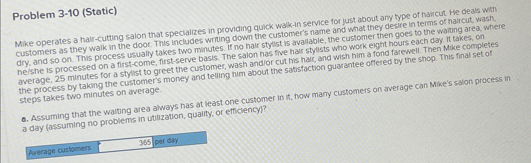  Problem 3-10(Static) Mike operates a halr-cutting salon that specializes in providing