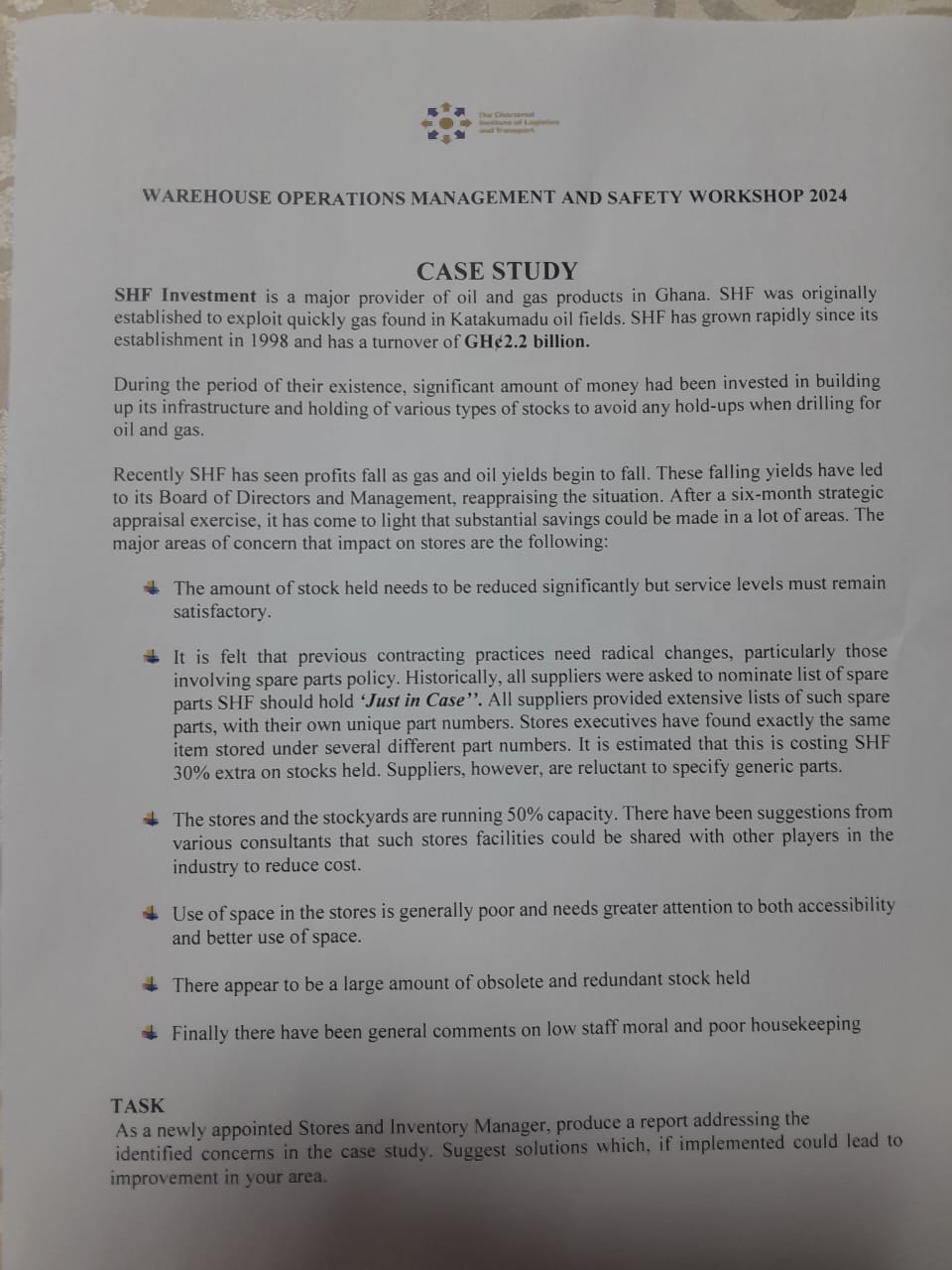  WAREHOUSE OPERATIONS MANAGEMENT AND SAFETY WORKSHOP 2024 CASE STUDY SHF Investment