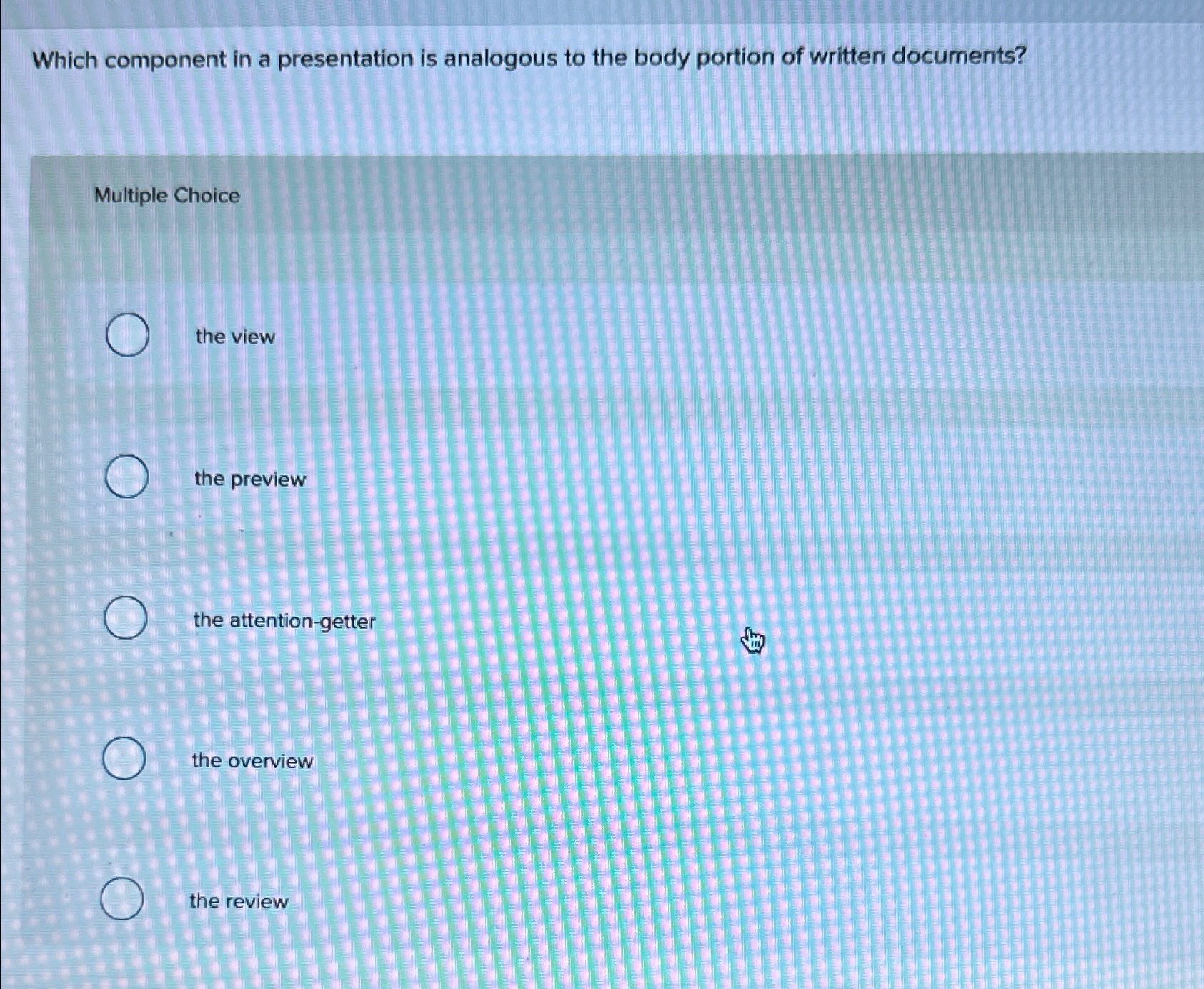  Which component in a presentation is analogous to the body portion