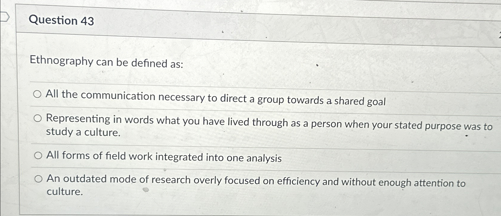  Question 43 Ethnography can be defined as: All the communication necessary