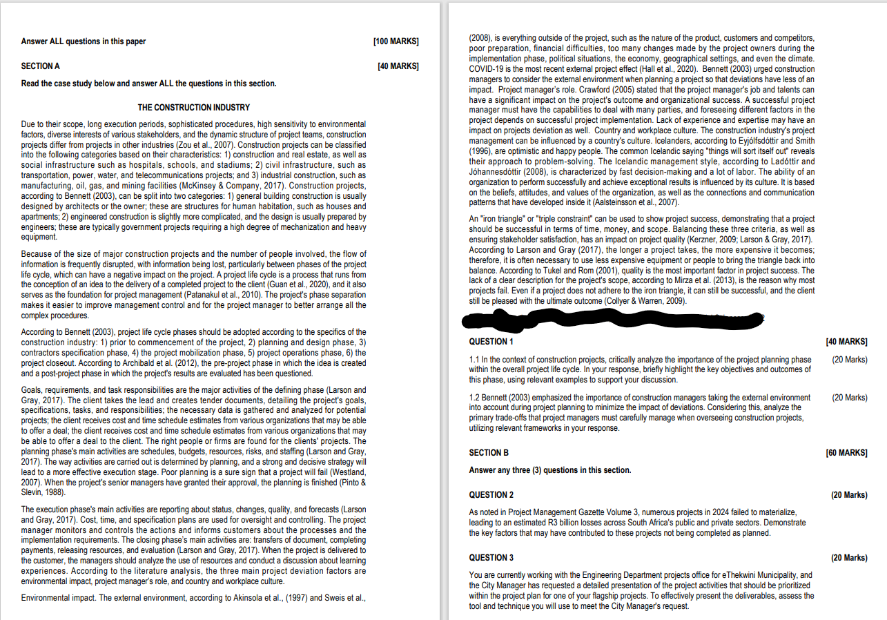  QUESTION 1[40 MARKS]1.1 In the context of construction projects, critically analyze
