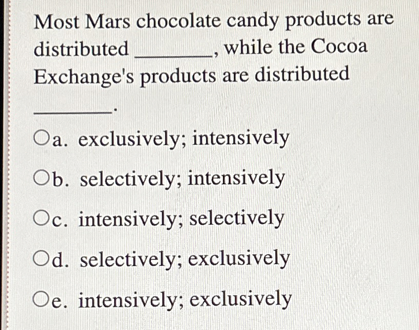  Most Mars chocolate candy products are distributed , while the Cocoa