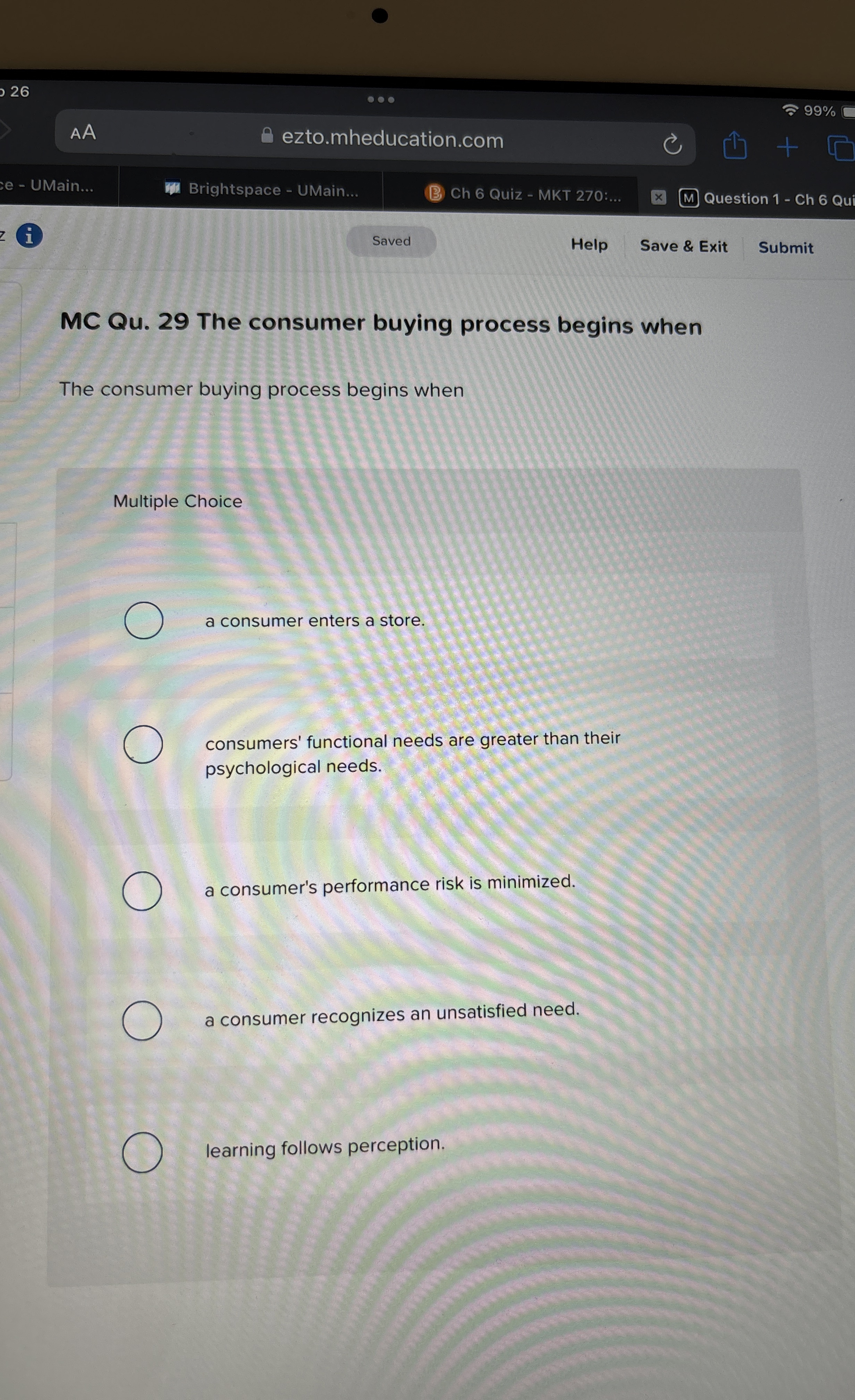  MC Qu.29 The consumer buying process begins when The consumer buying