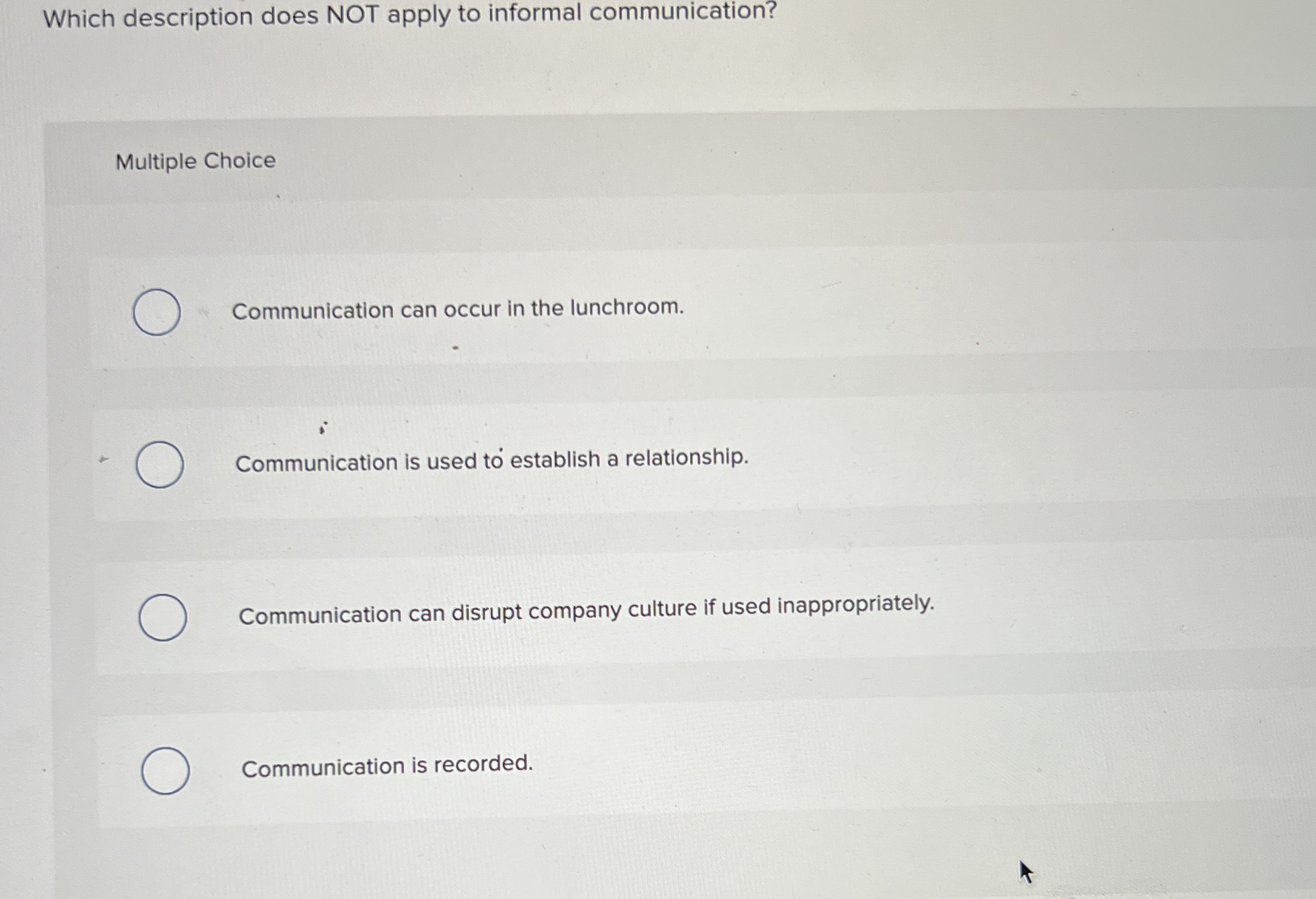  Which description does NOT apply to informal communication? Multiple Choice Communication