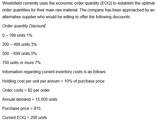  Wivelsfield currently uses the economic order quantity (EOQ) to establish the