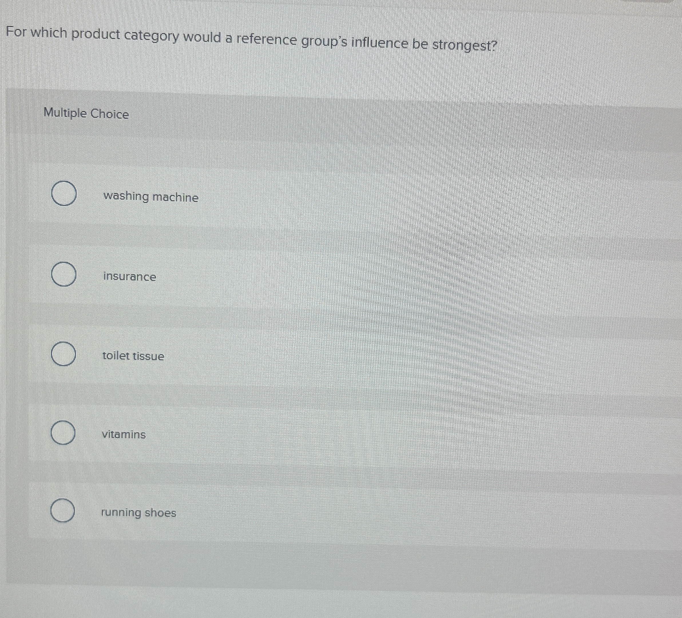  For which product category would a reference group's influence be strongest?