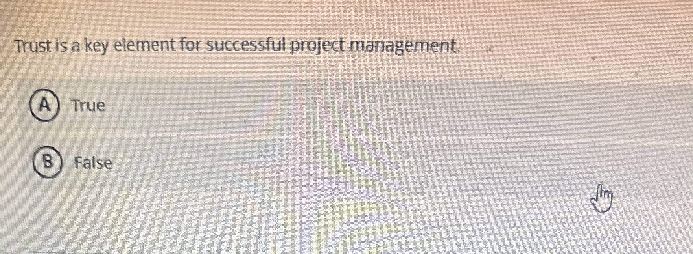  Trust is a key element for successful project management. True False