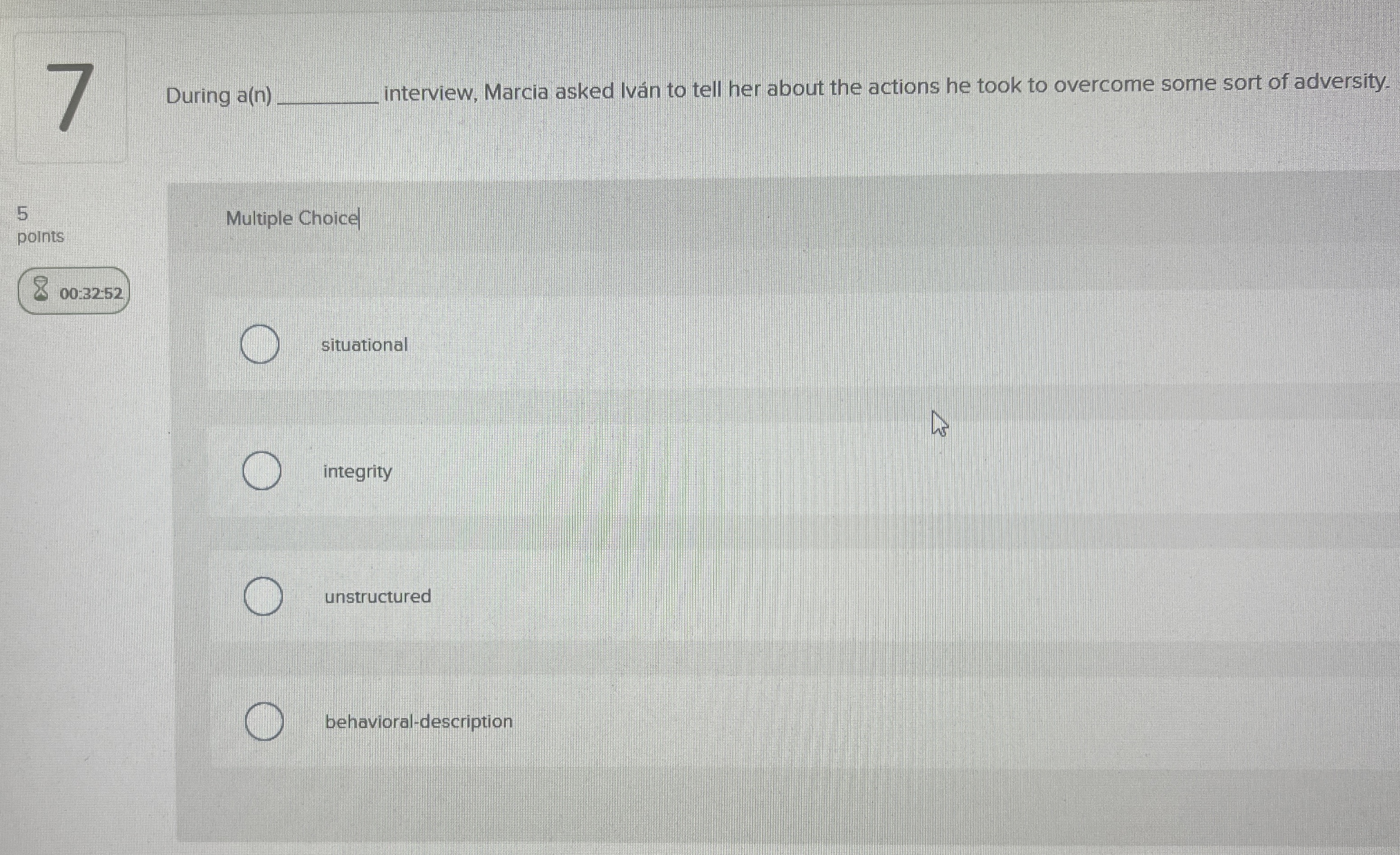  During a(n) interview, Marcia asked Ivn to tell her about the