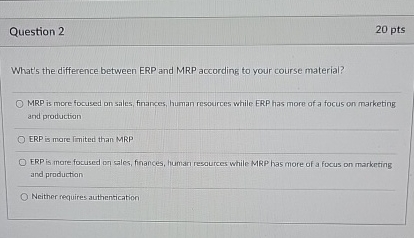  Question 2 20 pts What's the difference between ERP and MRP