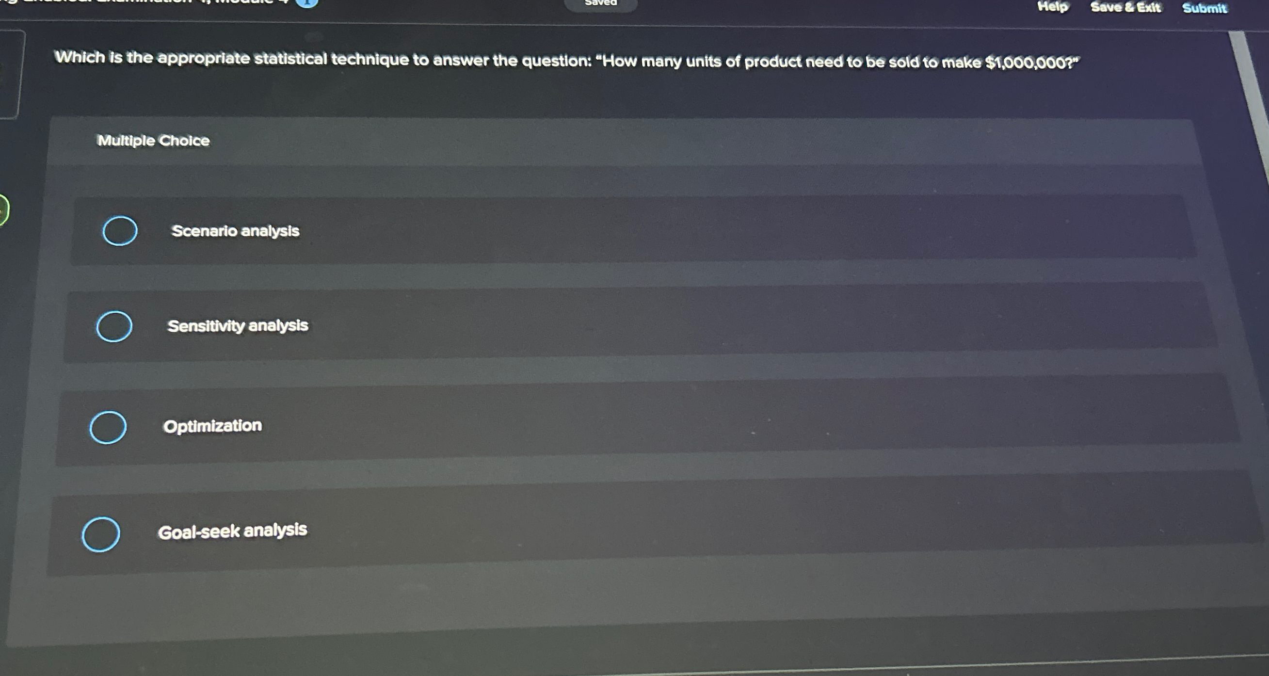  Saver Exit Submit Which is the appropriate statistical technique to answer
