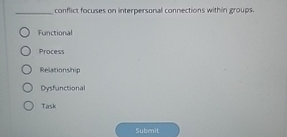 conflict focuses on interpersonal connections within groups. Functional Process Relationship Dysfunctional