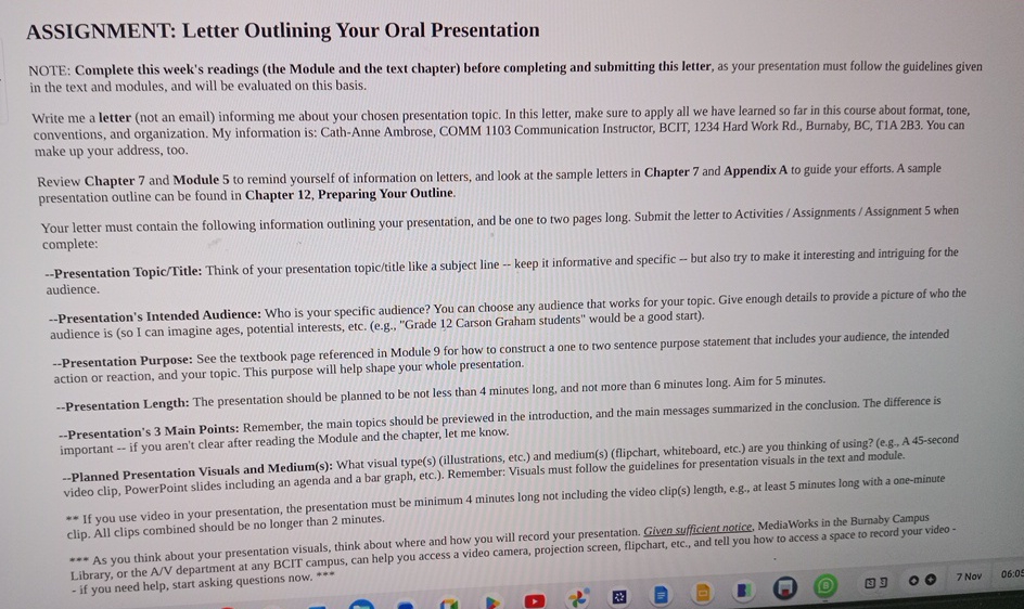  ASSIGNMENT: Letter Outlining Your Oral Presentation NOTE: Complete this week's readings