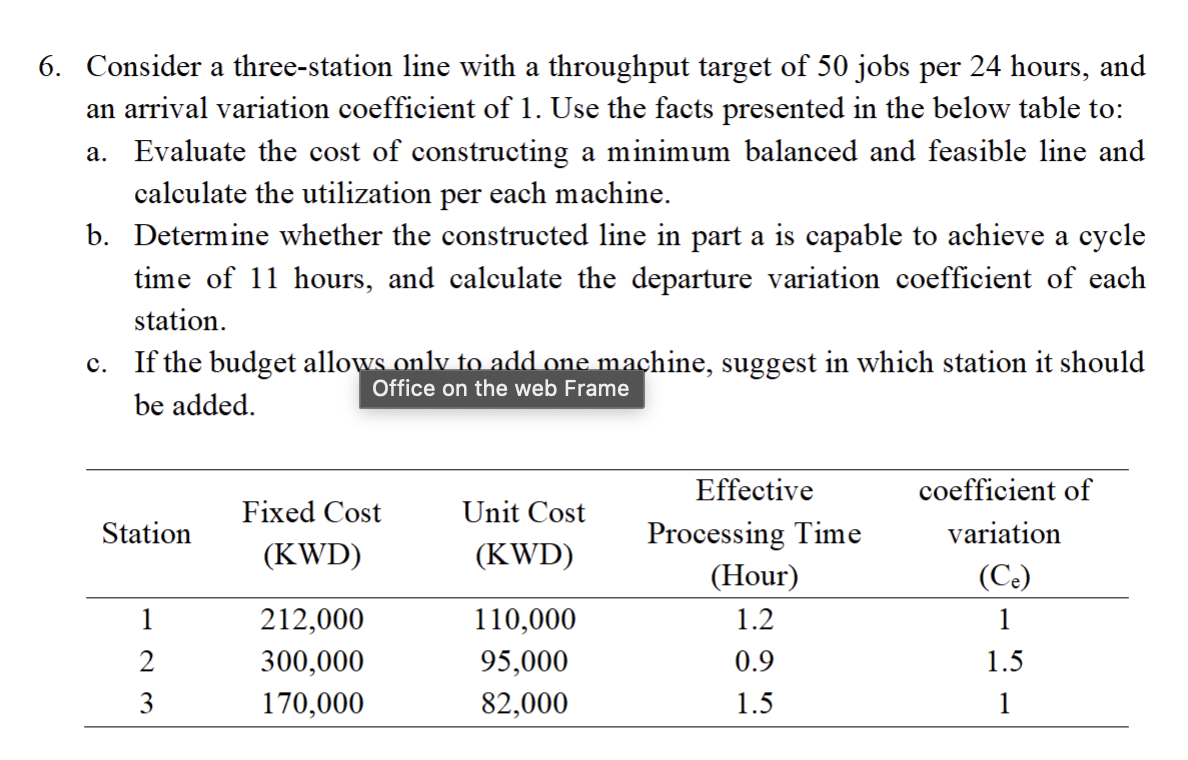  Consider a three-station line with a throughput target of50 jobs per