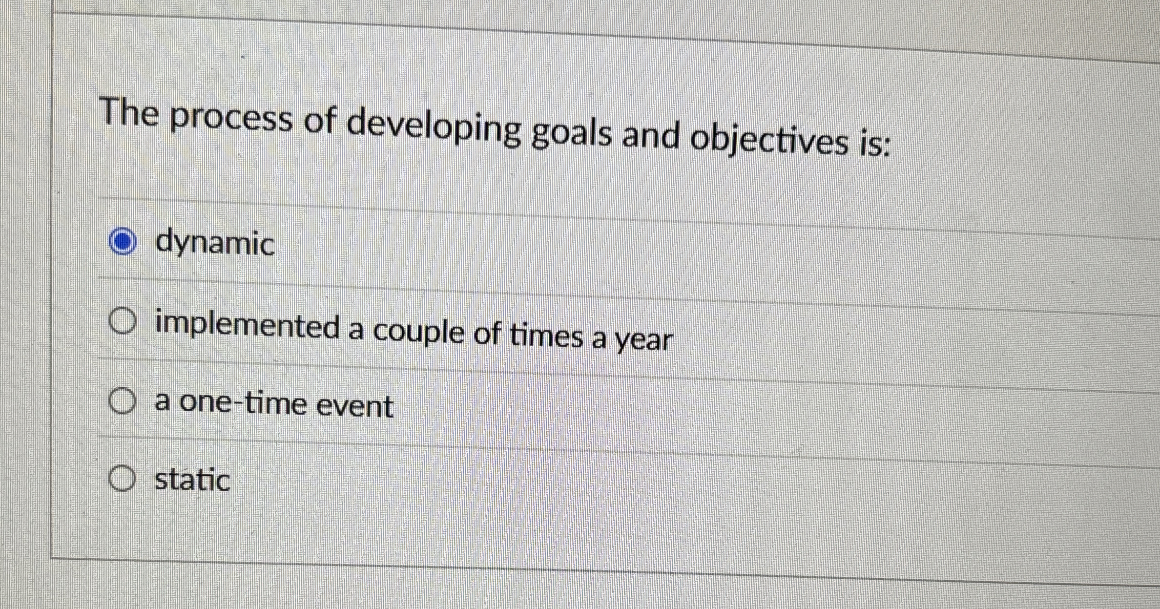  The process of developing goals and objectives is: dynamic implemented a