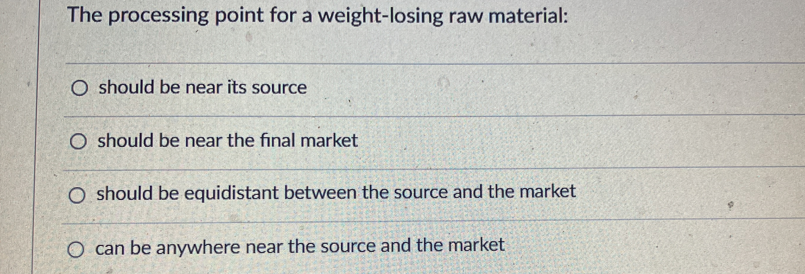  The processing point for a weight-losing raw material: should be near