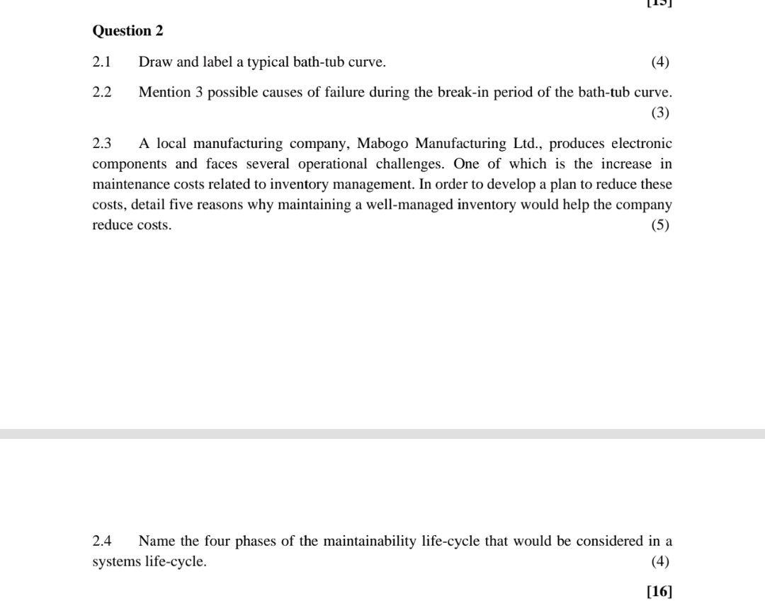  Question 2 2.1 Draw and label a typical bath-tub curve. 2.2