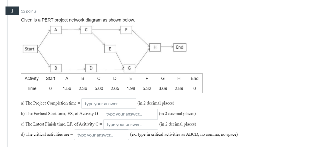  1 12 points Given is a PERT project network diagram as