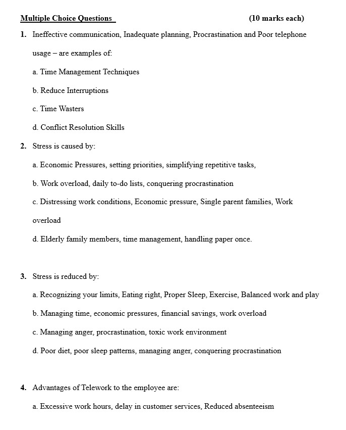  Multiple Choice Questions Ineffective communication, Inadequate planning, Procrastination and Poor telephone
