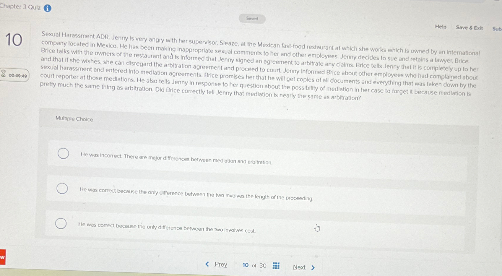  Chapter 3 Qulz Help Save & Exit 10 Sexual Harassment ADR.