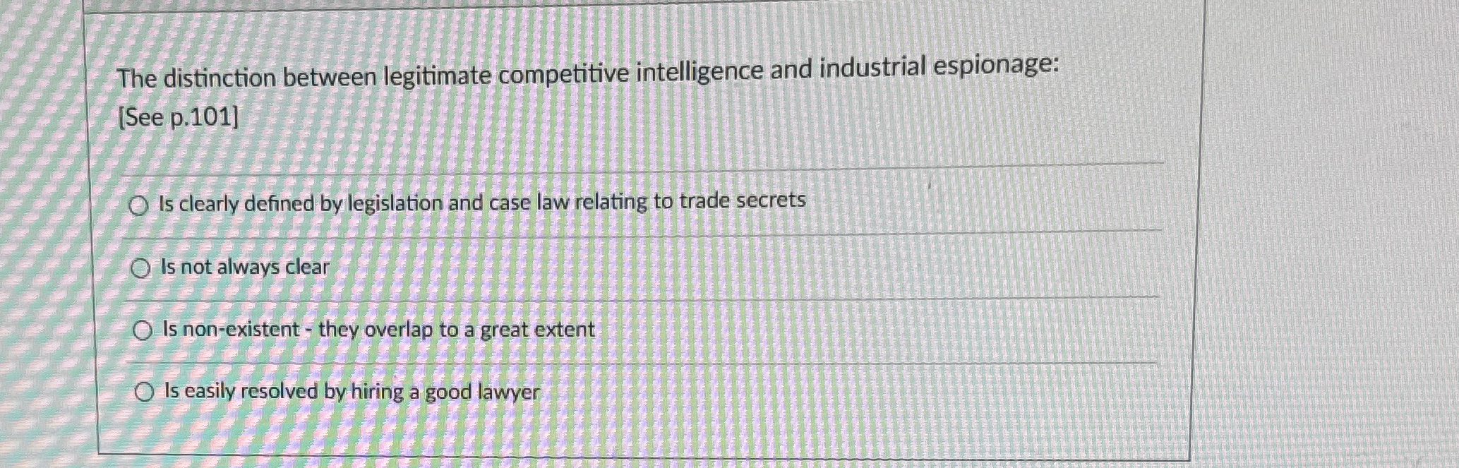  The distinction between legitimate competitive intelligence and industrial espionage: [See p.101]
