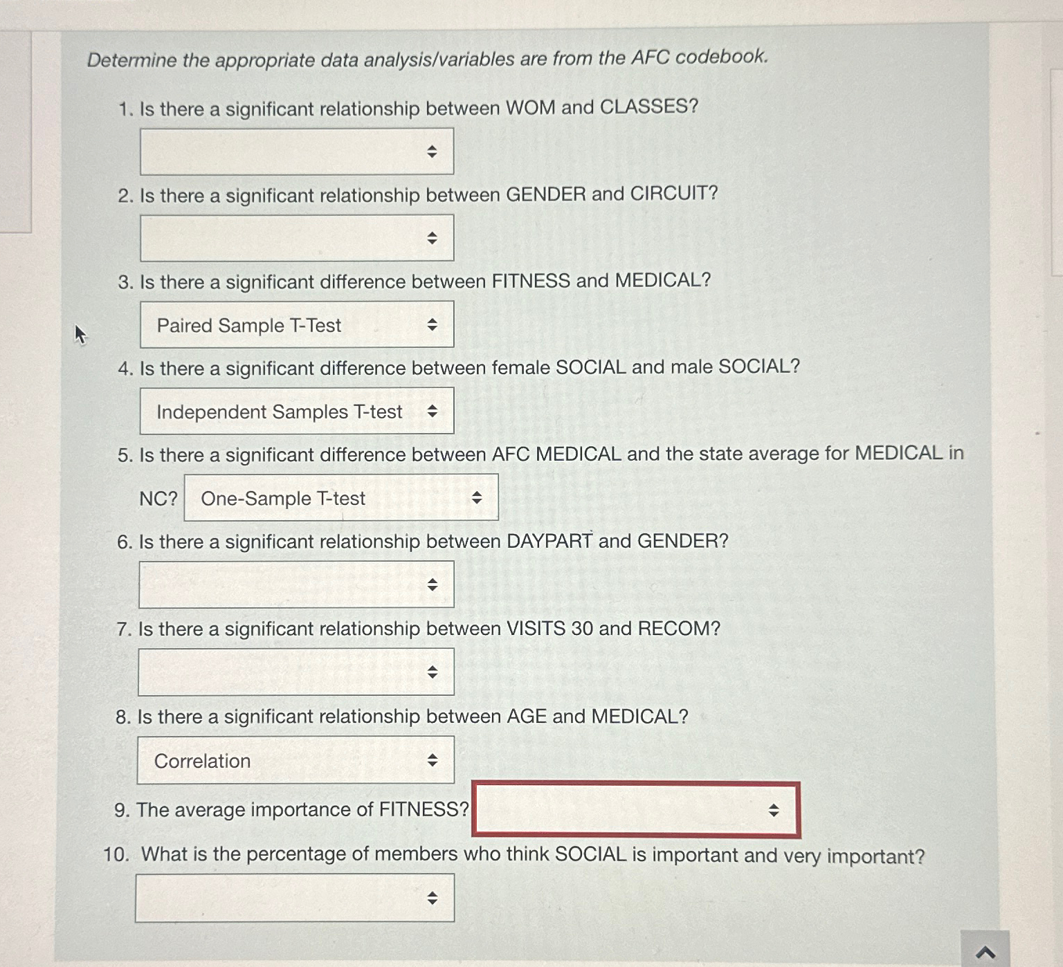  Determine the appropriate data analysis/variables are from the AFC codebook. Is