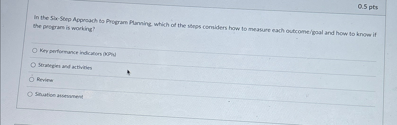  0.5 pts In the Six-Step Approach to Program Planning, which of