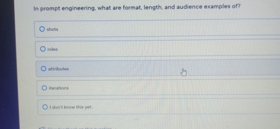  In prompt engineering, what are format, length, and audience examples of?