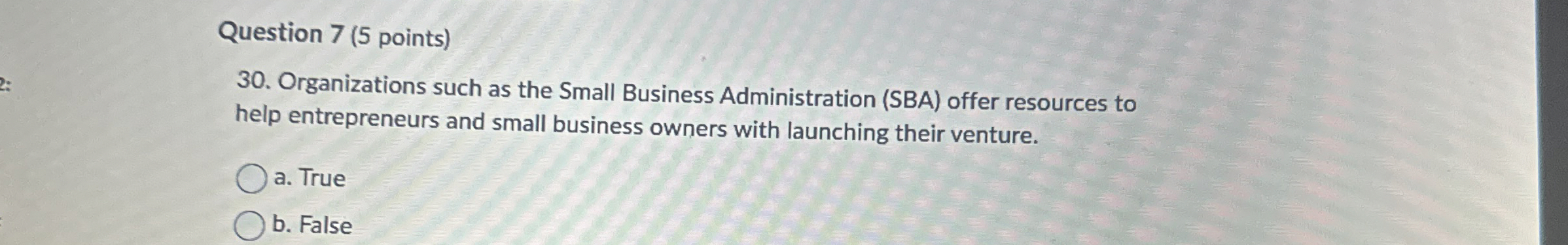  Question 7(5 points) 30. Organizations such as the Small Business Administration