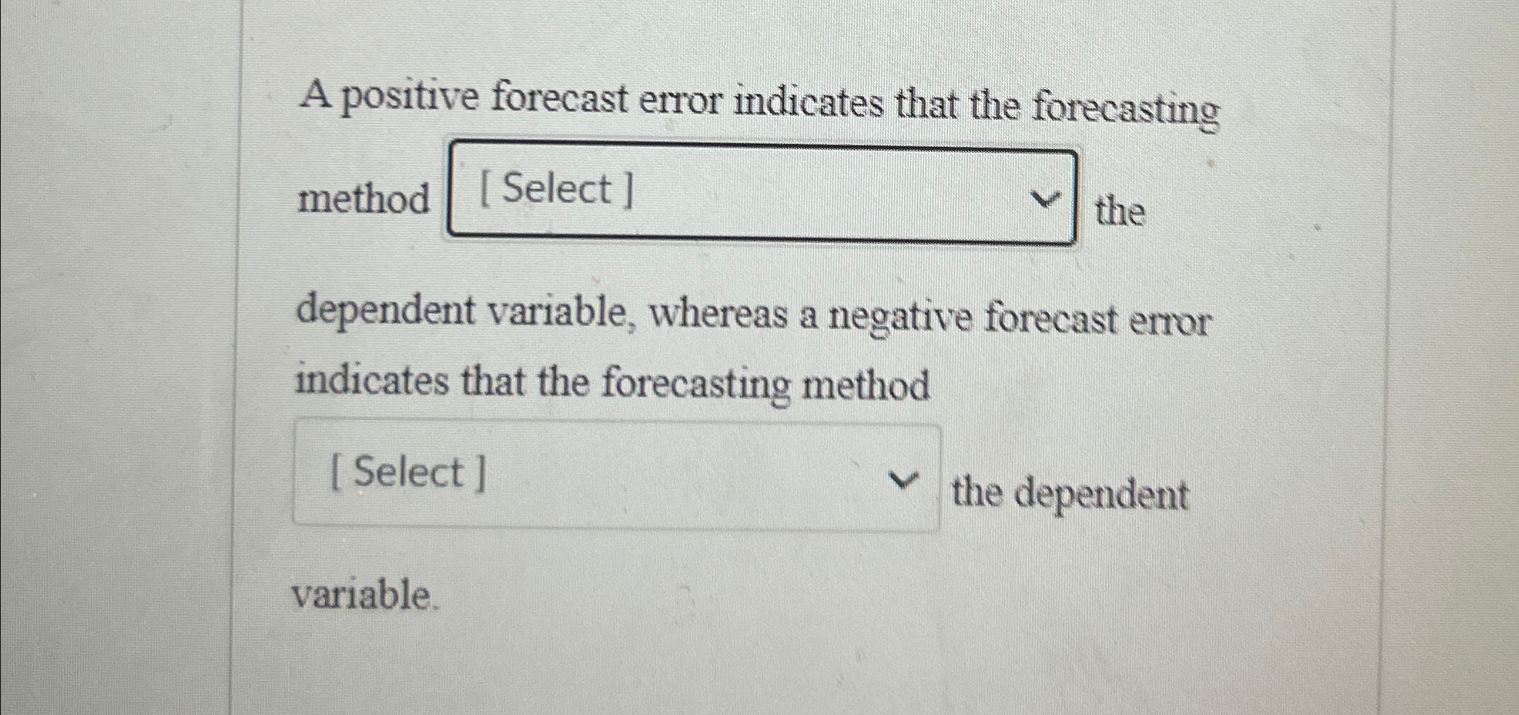  A positive forecast error indicates that the forecasting method the dependent