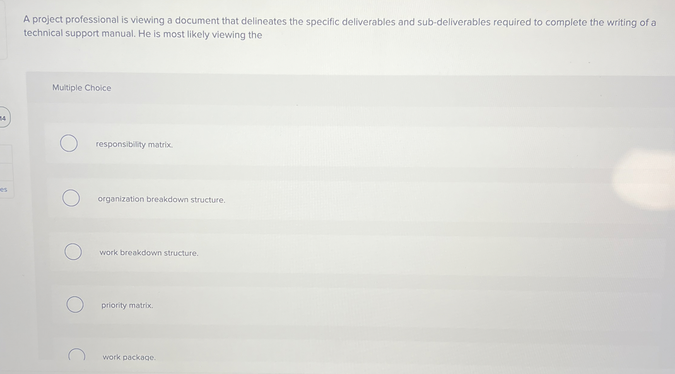  A project professional is viewing a document that delineates the specific