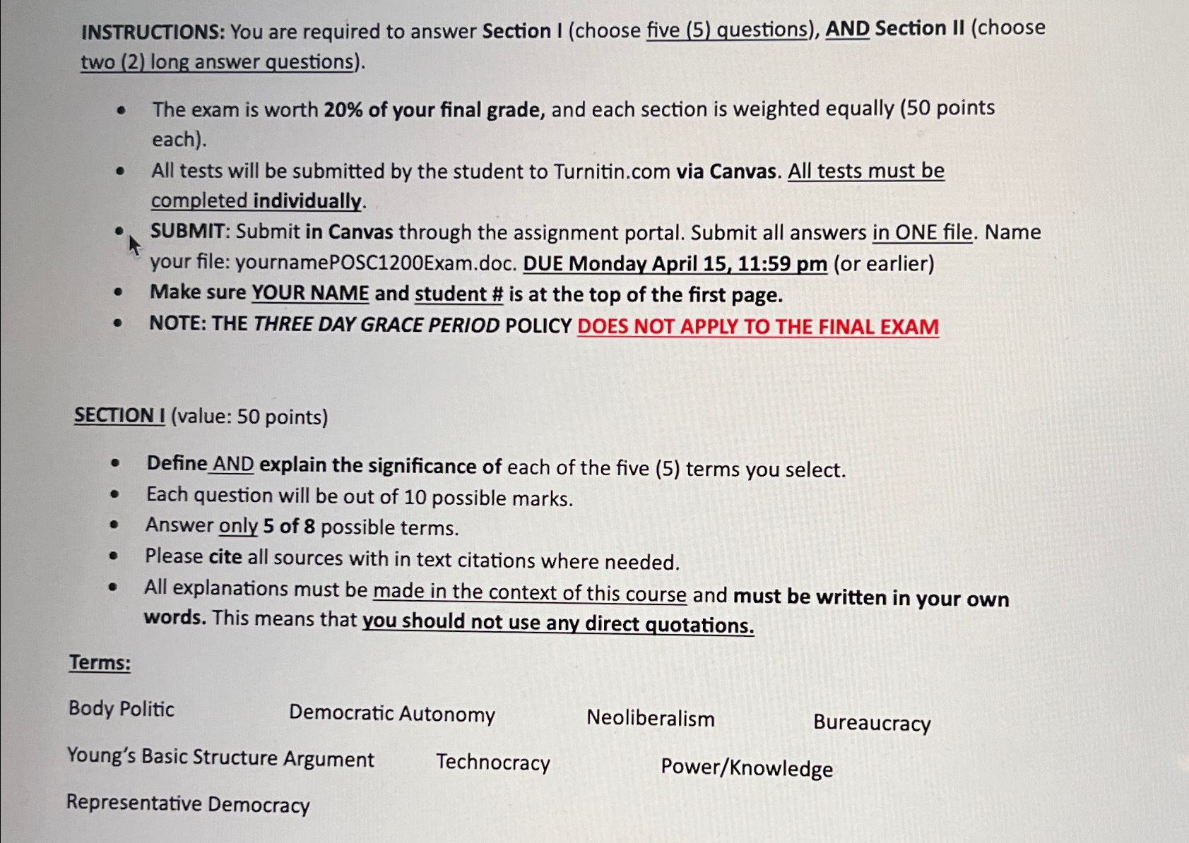  INSTRUCTIONS: You are required to answer Section I (choose five (5)