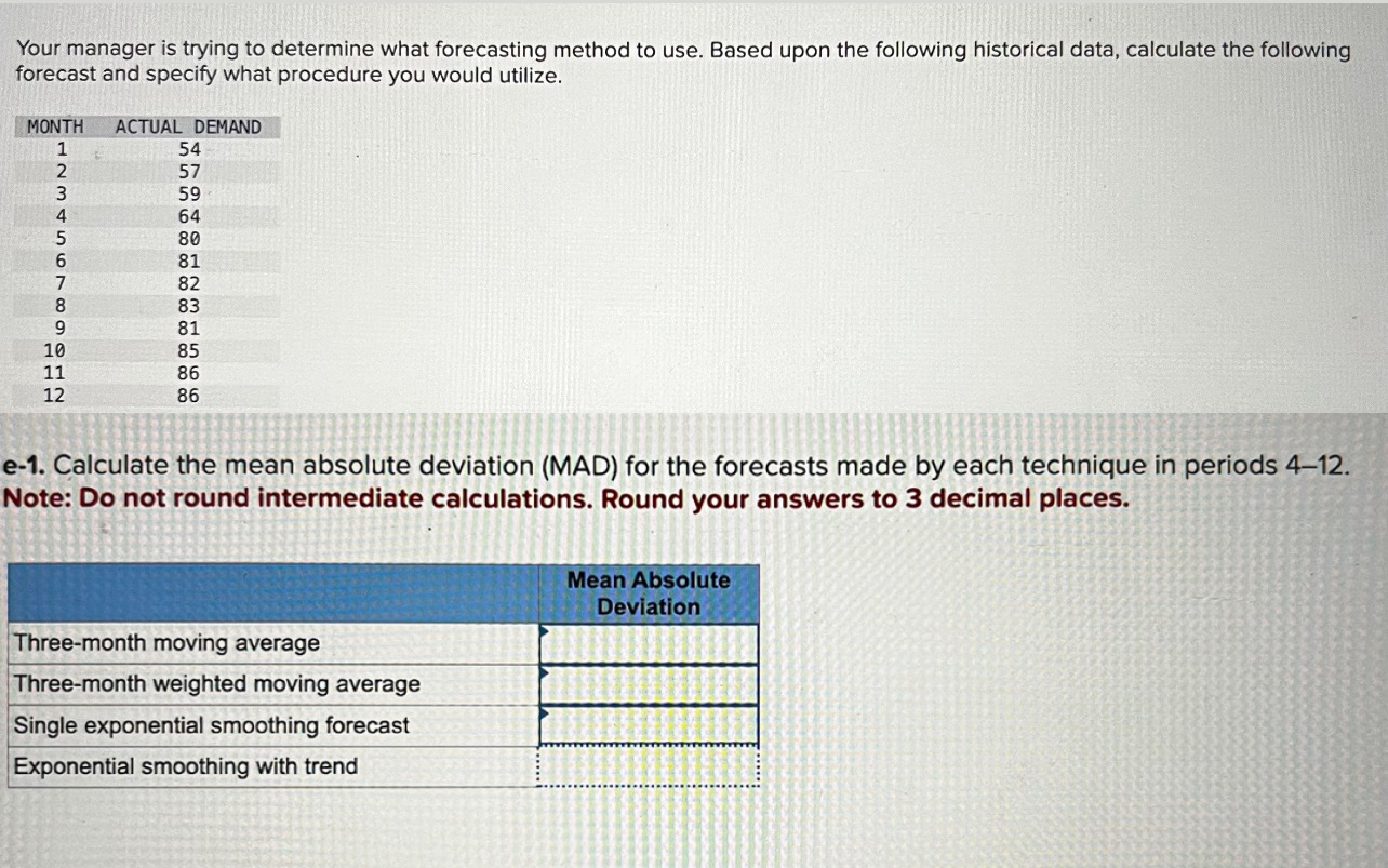  Your manager is trying to determine what forecasting method to use.
