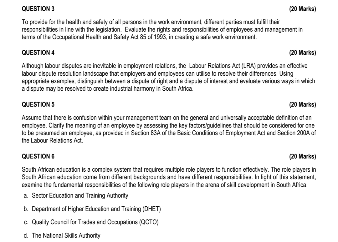  QUESTION 3 (20 Marks) To provide for the health and safety