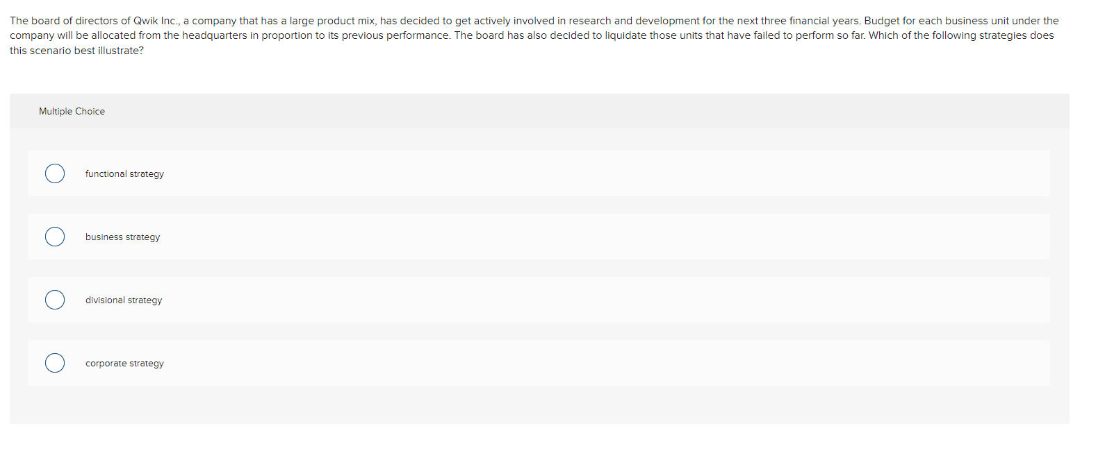  this scenario best illustrate? Multiple Choice functional strategy business strategy divisional