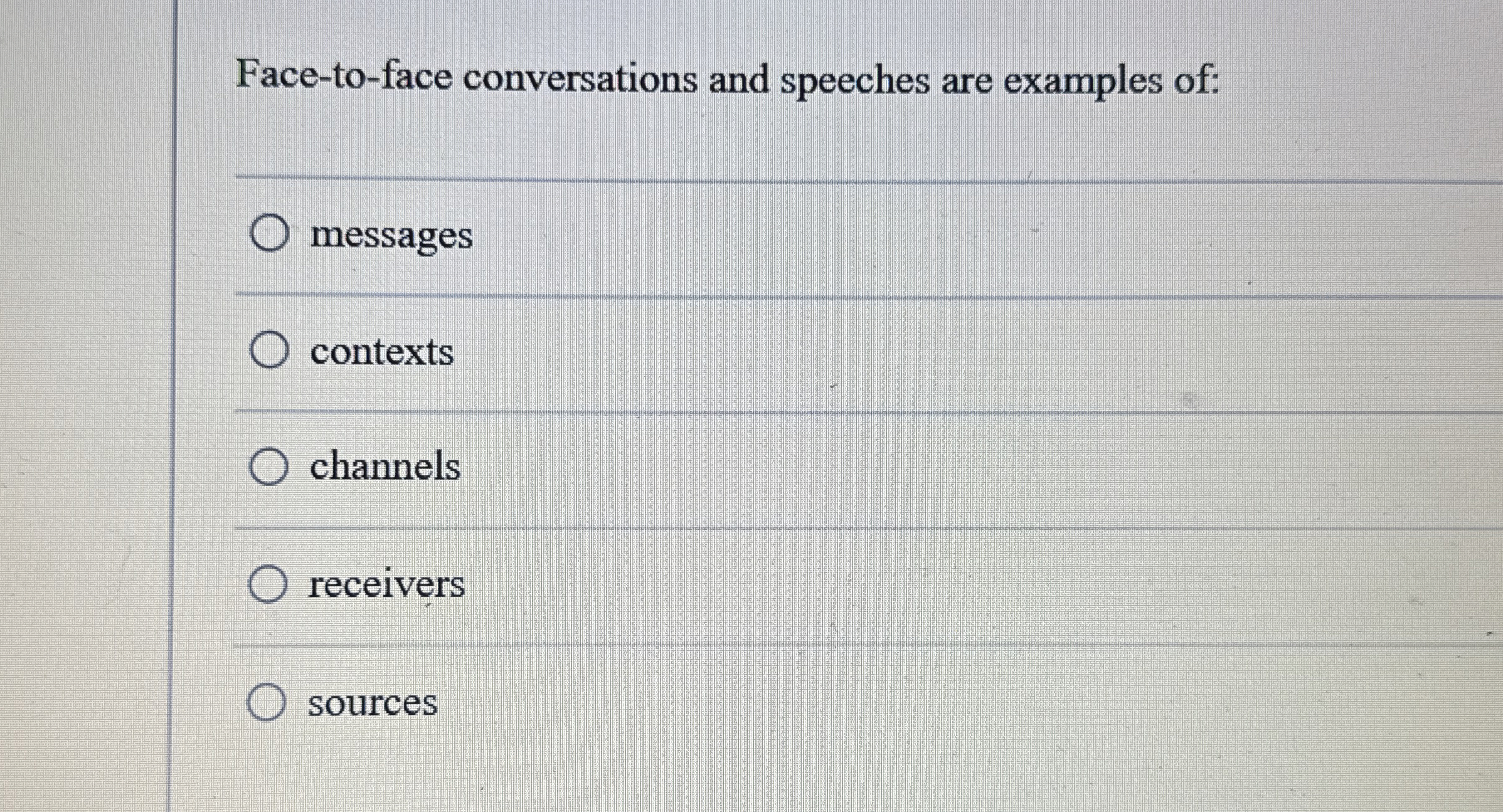  Face-to-face conversations and speeches are examples of: q, messages contexts channels