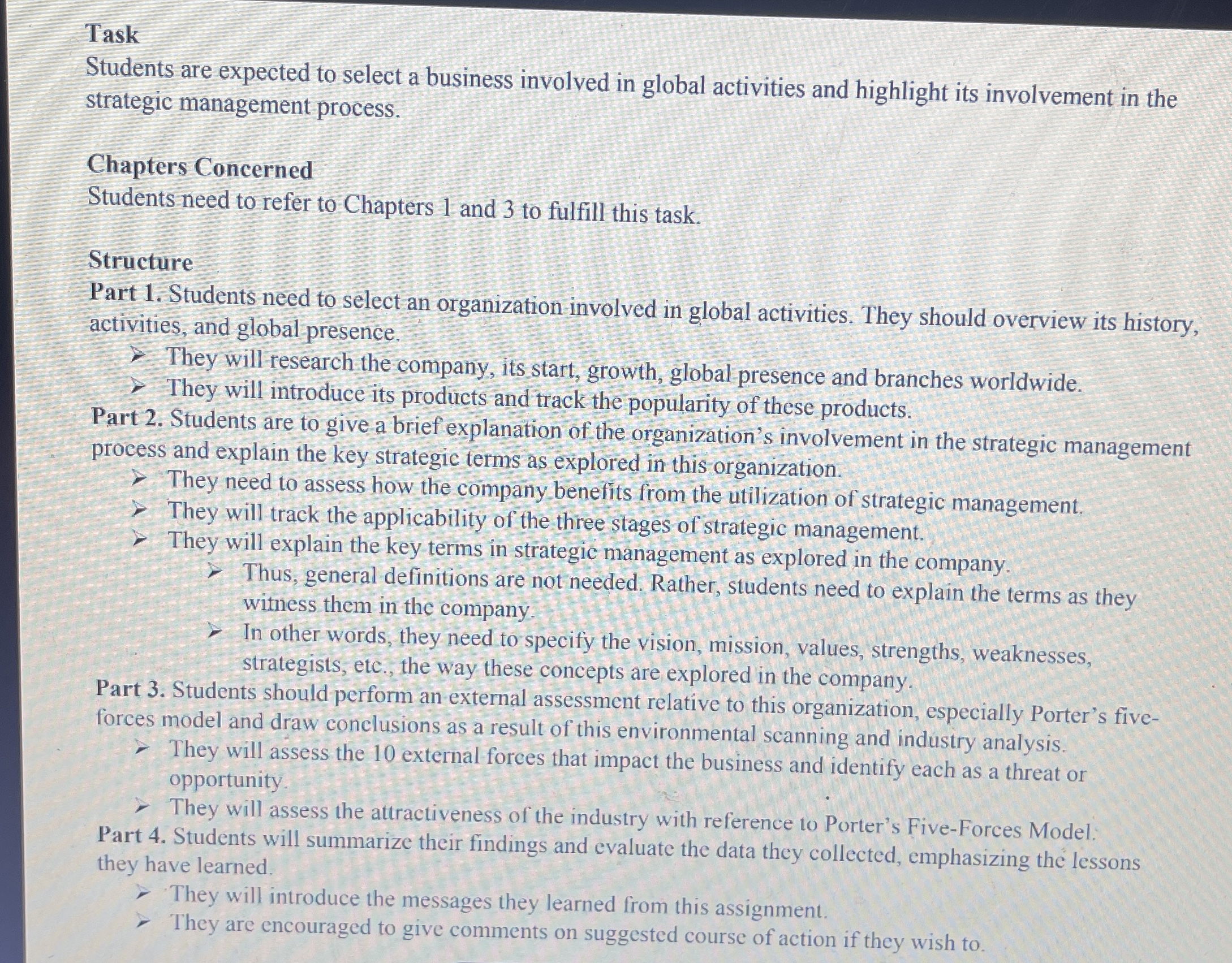  Task Students are expected to select a business involved in global