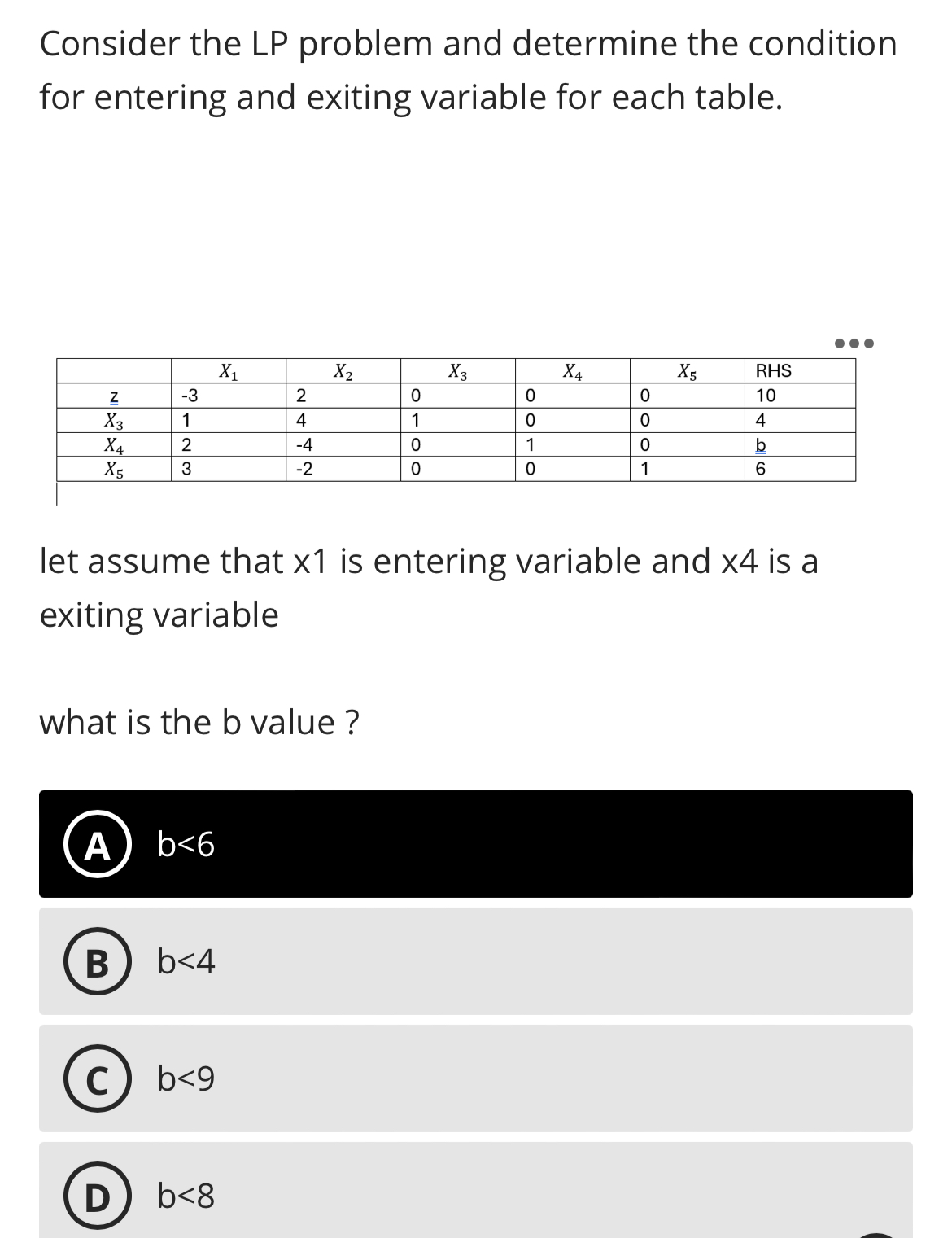  Consider the LP problem and determine the condition for entering and