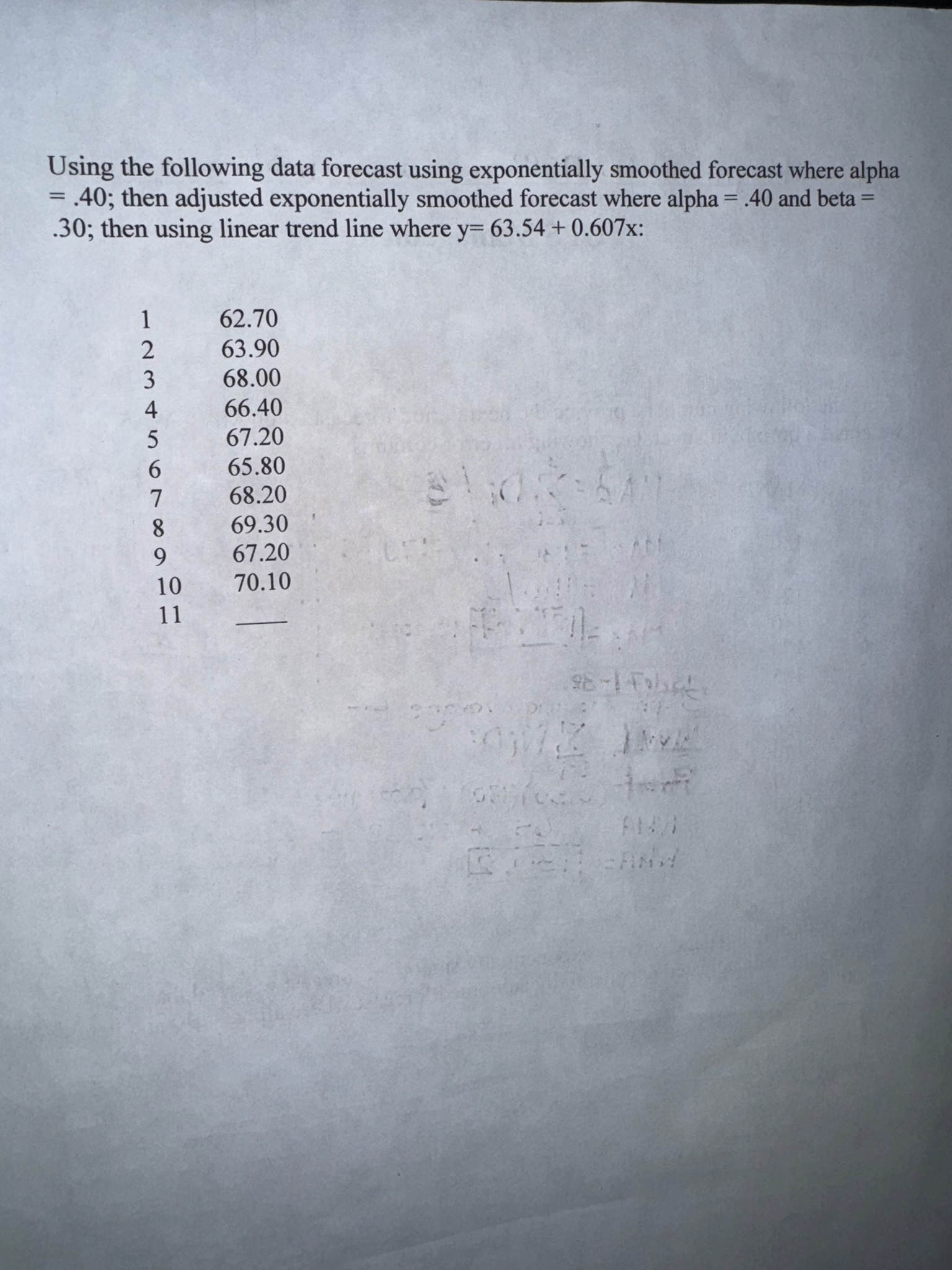  Using the following data forecast using exponentially smoothed forecast where alpha