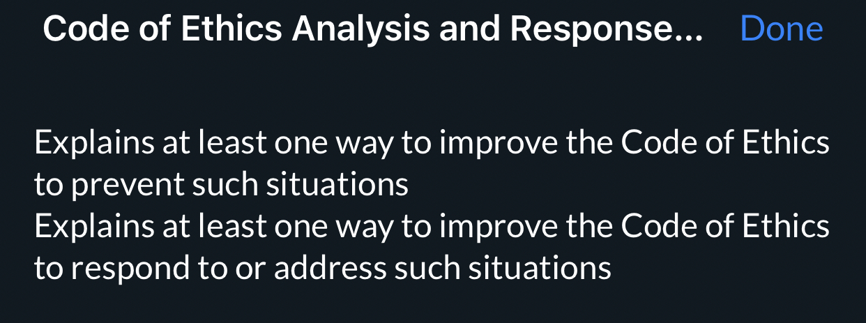  Code of Ethics Analysis and Response... Done Explains at least one