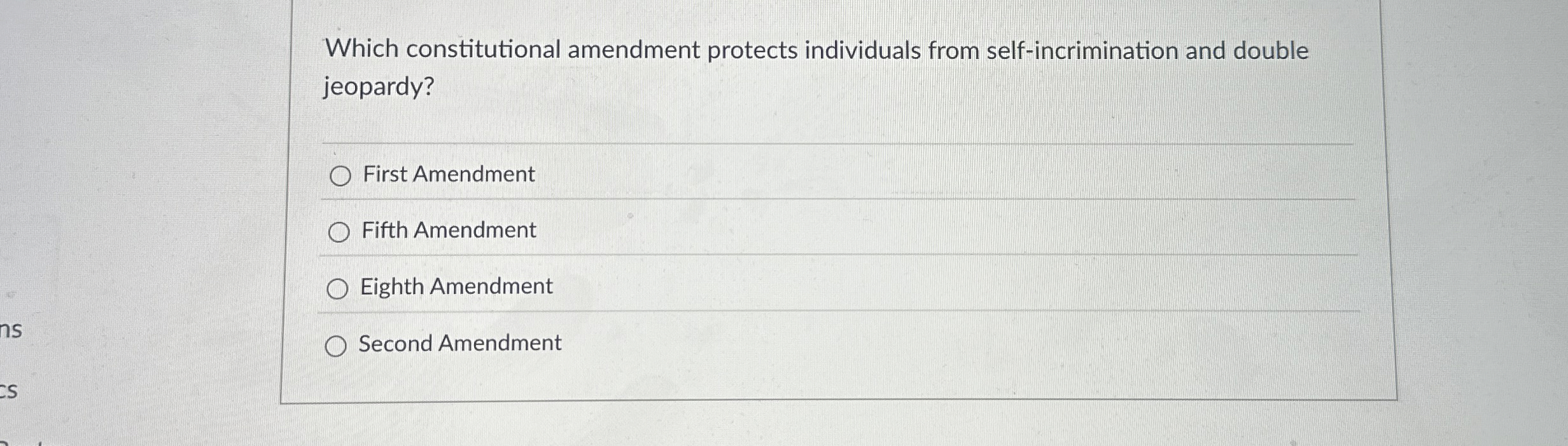 Which constitutional amendment protects individuals from self-incrimination and double jeopardy? First