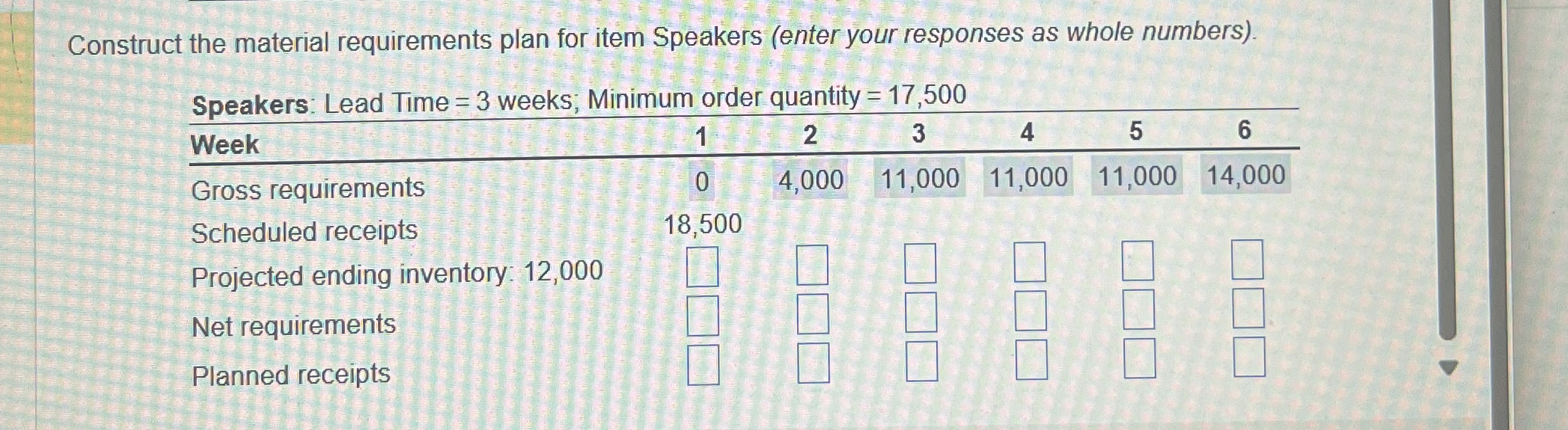  Construct the material requirements plan for item Speakers (enter your responses