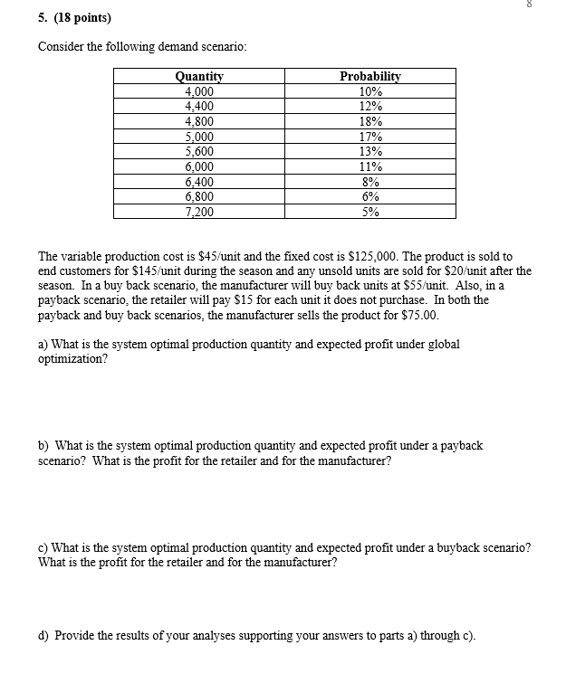  (18 points) Consider the following demand scenario: The variable production cost