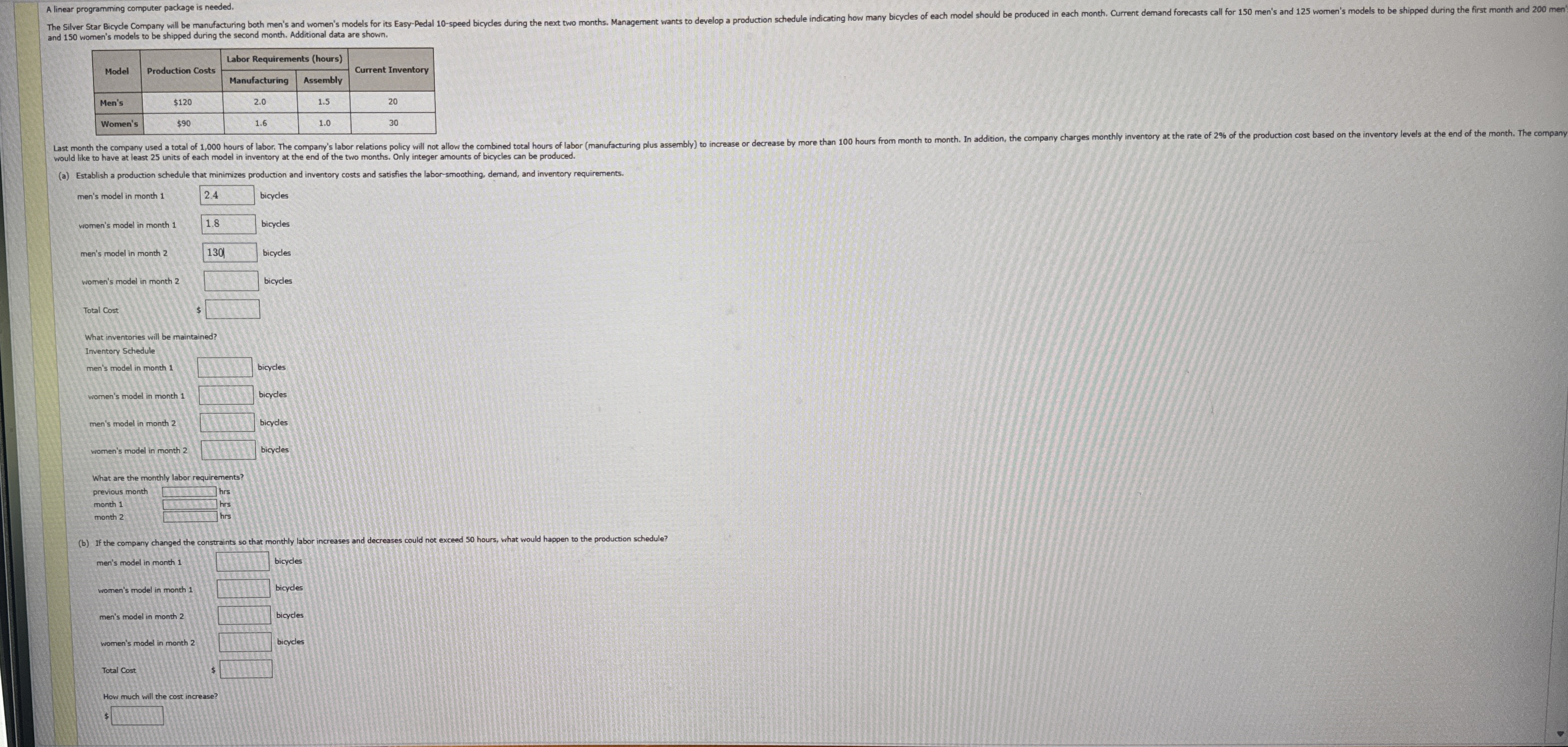 A linear programming computer package is needed. and 150 women's models