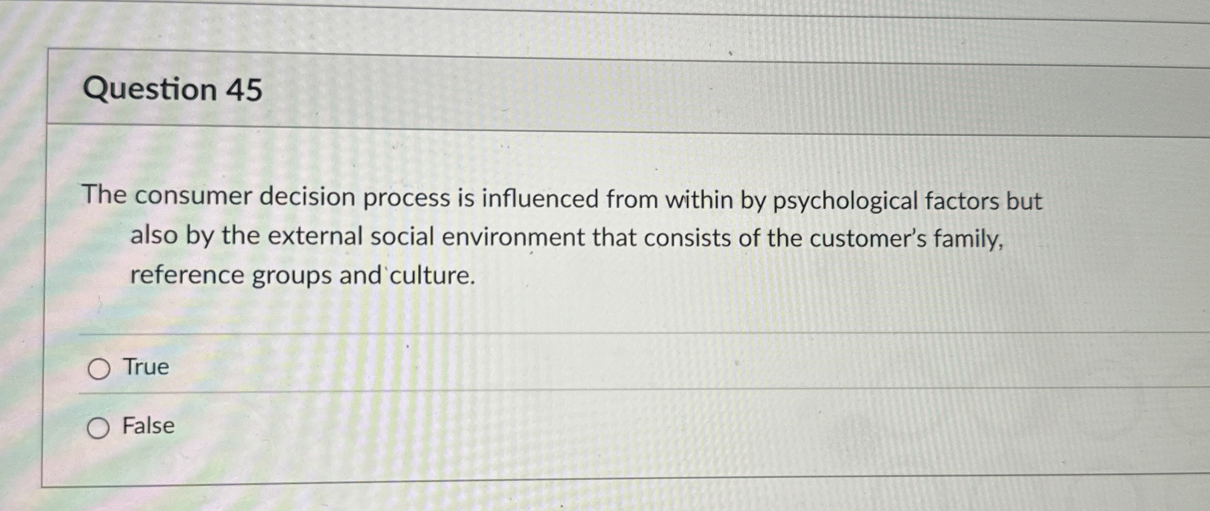  Question 45 The consumer decision process is influenced from within by