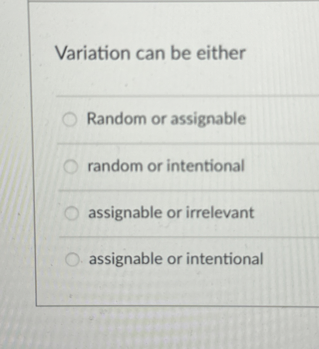  Variation can be either Random or assignable random or intentional assignable