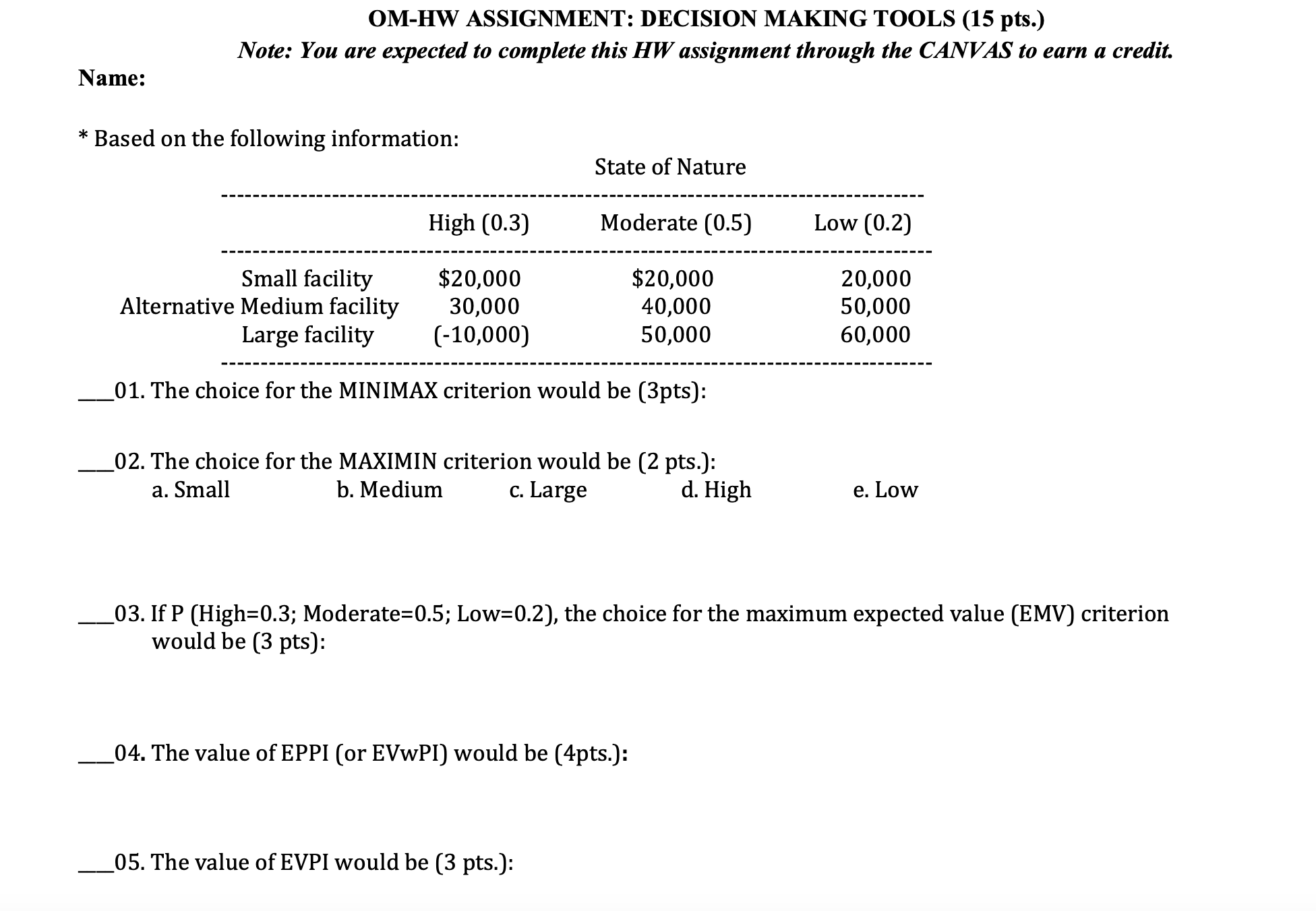  OM-HW ASSIGNMENT: DECISION MAKING TOOLS (15 pts.) Note: You are expected
