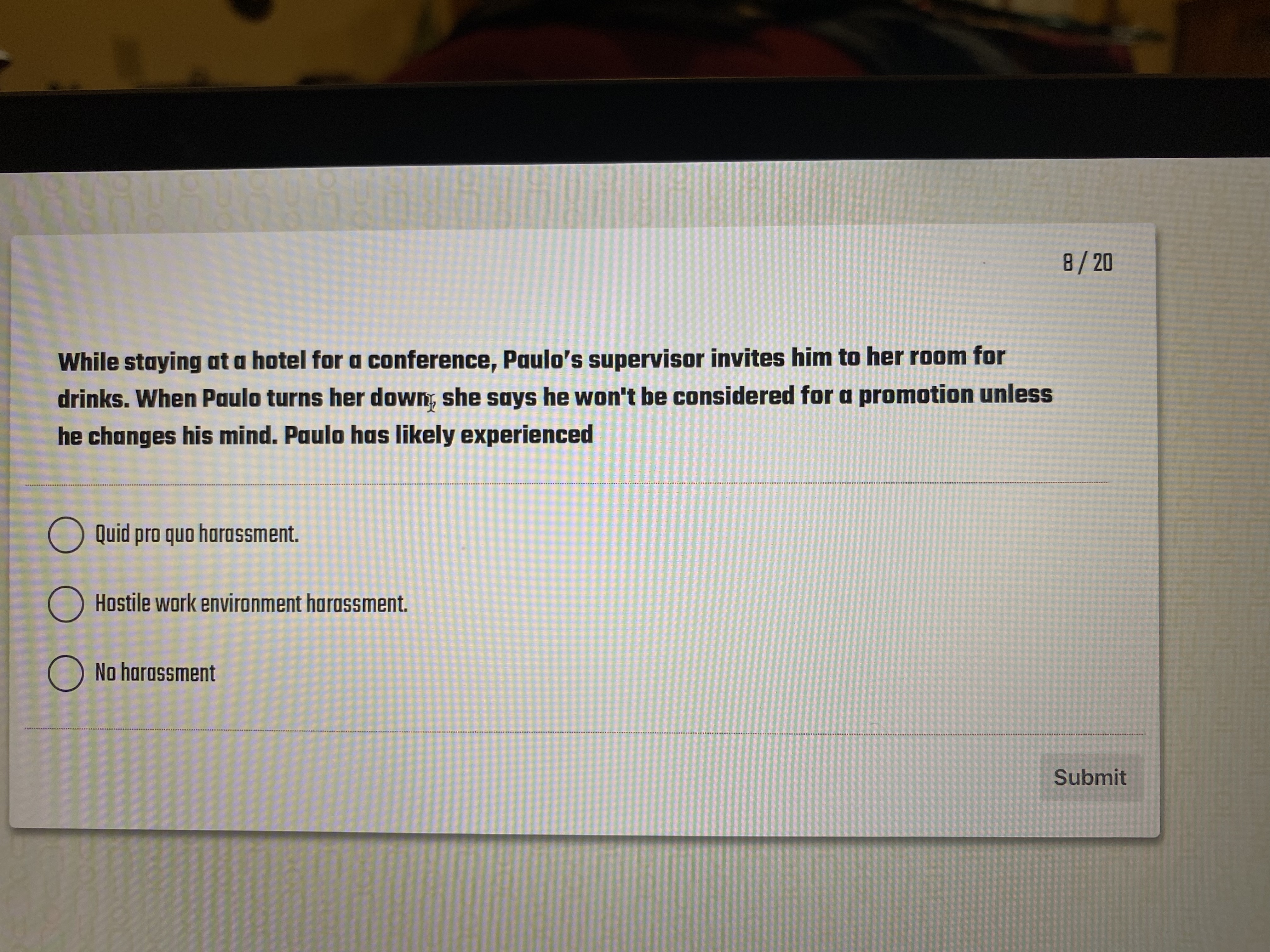  820 While staying at a hotel for a conference, Paulo's supervisor