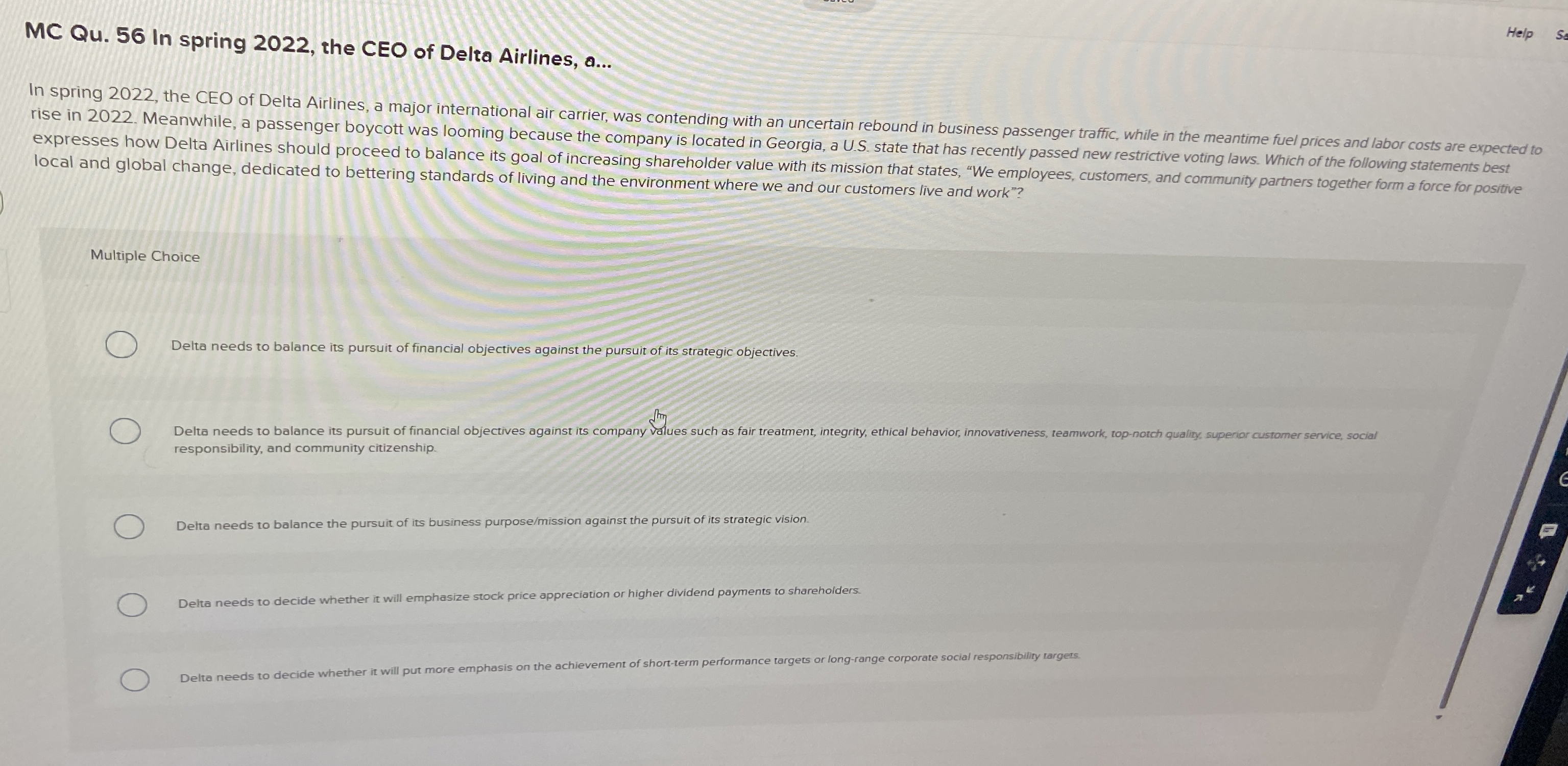  MC Qu.56 In spring 2022, the CEO of Delta Airlines, a...